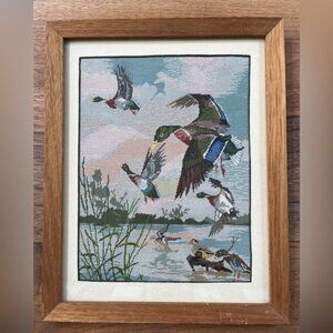 Vintage Handmade Petit Point Mallard Duck Scene Needle Work Framed Cabincore Art